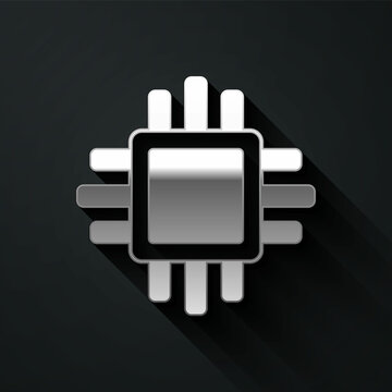 Silver Computer processor with microcircuits CPU icon isolated on black background. Chip or cpu with circuit board. Micro processor. Long shadow style. Vector