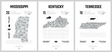 Highly Detailed Vector Silhouettes Of US State Maps, Division United States Into Counties, Political And Geographic Subdivisions, East South Central - Mississippi, Kentucky, Tennessee - Set 11 Of 17