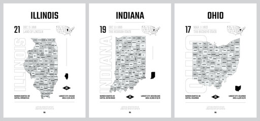 Poster - Highly detailed vector silhouettes of US state maps, Division United States into counties, political and geographic subdivisions of a states, East North Central - Illinois, Indiana, Ohio - set 4 of 17