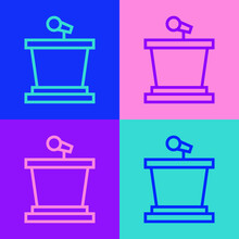 Pop Art Line Stage Stand Or Debate Podium Rostrum Icon Isolated On Color Background. Conference Speech Tribune. Vector