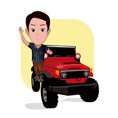 Wall Mural - Cartoon carricature of a man is riding a jeep