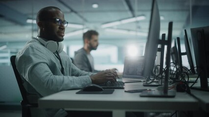 Aufkleber - Office: Enthusiastic Black IT Programmer Working on Desktop Computer. Specialist Creating Innovative Software. Engineer Developing Inspirational App, Program, Video Game. Happy Workplace. Arc Shot