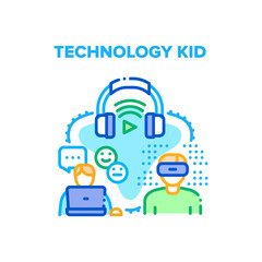 Aufkleber - Technology Kid Vector Icon Concept. Technology Kid Laptop For Chatting With Friend And Social Media Software, Headphones For Listening Music And Vr Glasses For Playing Video Game Color Illustration