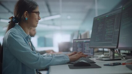 Poster - Diverse Office: Enthusiastic Indian IT Programmer Working on Desktop Computer. Female Specialist Creating Innovative Software. Engineer Developing App, Program, Video Game. Writing Code in Terminal