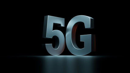 Poster - 3d render of 5g lte title made of metal. reflective dark and blue with a side orange light backgroun