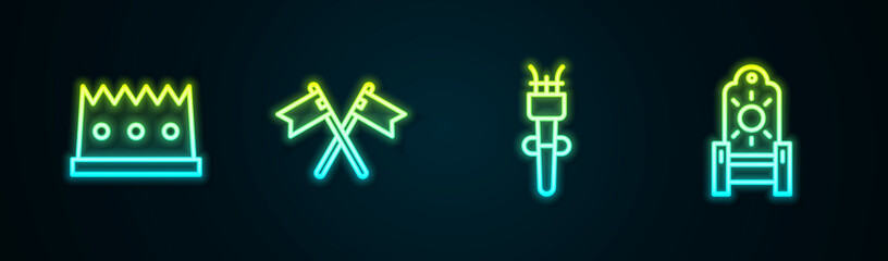 Sticker - Set line King crown, Crossed medieval flag, Torch flame and Medieval throne. Glowing neon icon. Vector