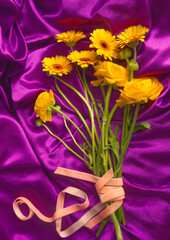 Wall Mural - Bouquet of yellow ranunculus flowers with pink ribbon on draped purple silk  background. Bunch of yellow flowers and drapery of elegant smooth purple satin. Modern floral concept. Baroque style
