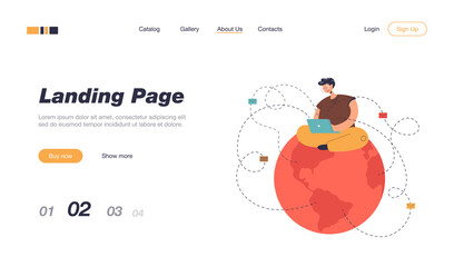 Poster - Man sitting on globe and sending emails. Male character with laptop writing letters flat vector illustration. Communication, global network concept for banner, website design or landing web page