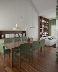 Wall Mural - Interior of luxury apartment in green color. Comfortable dining room with open space.