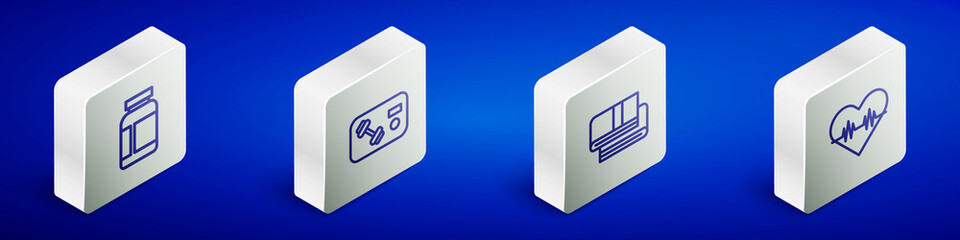 Sticker - Set Isometric line Sports nutrition, Fitness club, gym card, Towel stack and Heart rate icon. Vector