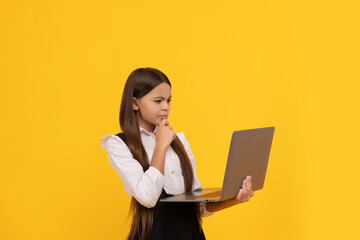 Wall Mural - concentrated serious teen girl in school uniform study on laptop, knowledge