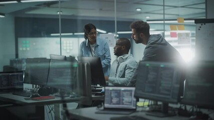 Poster - Diverse Group of Professionals Meeting in Modern Office: Brainstorming IT Programmers Use Computer Together, Talk Strategy, Discuss Planning. Software Engineers Develop Inspirational App Program