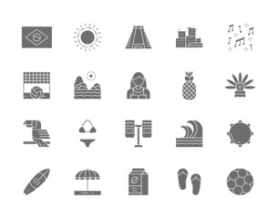 Sticker - Set of Brazilian Culture Grey Icons. Tropical Fruits, Beach Landscape, Toucan, Sun, Ancient Pyramid, Percussion, Surfboard, Soccer and more.