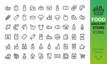Supermarket Grocery Store Isolated Icons Set. Set Of Milk, Cheese, Eggs, Bread, Meat, Fish, Vegetables, Fruits, Berries, Nuts, Alcohol, Tea, Coffee, Sweets, Full Grocery Cart Vector Icons