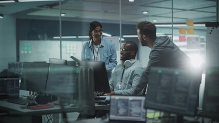 Poster - Diverse Group of Professionals Celebrate Success in Modern Office: Brainstorming IT Programmers Use Computer, Talk, High-Five over Finding Brilliant Solution. Software Engineers Develop Innovative App