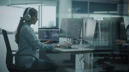 Aufkleber - Diverse Office: Indian IT Programmer Working on Computer. Female Specialist Creating Innovative Software. Engineer Developing App, Program, Video Game. Wearing Headphones Listening Podcast, Music