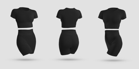 Mockup of black crop top, cycling shorts, compression suit 3D rendering, isolated on background.