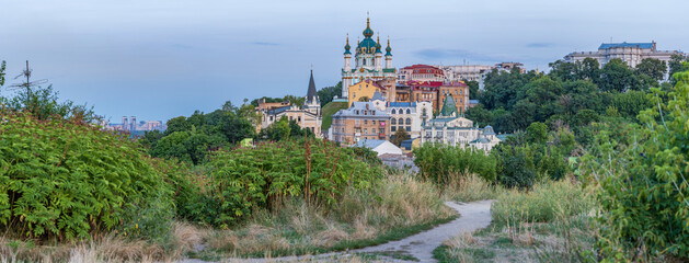 Wall Mural - View of St. Andrew's Church, Richard's Castle and the famous St. Andrew's Descent, where artists exhibited their work, Podil, Kyiv