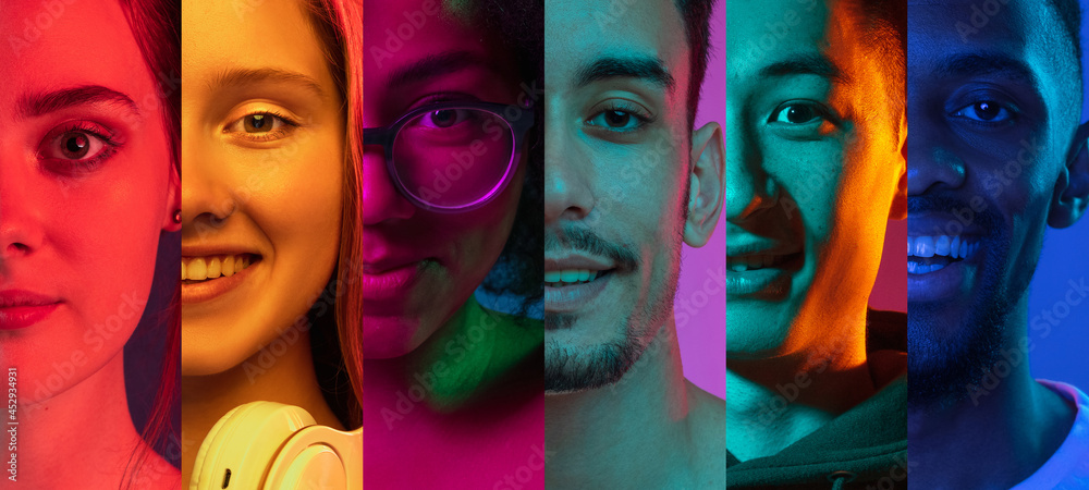 Cropped portraits of group of people on multicolored background in neon light. Collage made of 7 models - obrazy, fototapety, plakaty 
