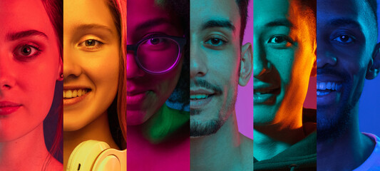 cropped portraits of group of people on multicolored background in neon light. collage made of 7 mod