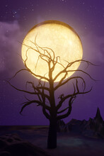 Halloween Graphic Background. Big Yellow Full Moon On Purple Sky With Star And Cloud. Yellow Purple Theme. 3d Illustration Rendering