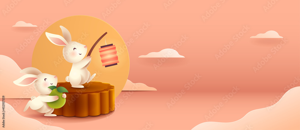 3D illustration of Mid Autumn Mooncake Festival theme with cute rabbit ...