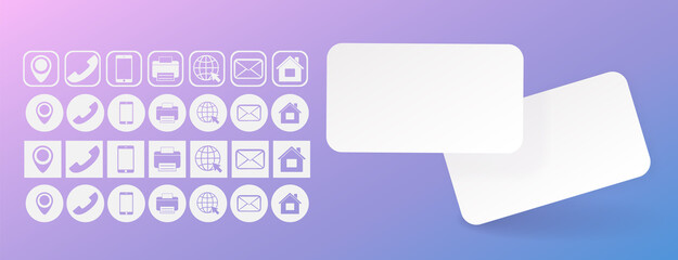 Poster - Business card Contact Information Icons Set, Collection Of Flat Icons. Realistic floating business branding cards template mockup with shadows