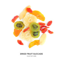 Wall Mural - Creative layout made of sweet fruit candy succade on the white background. Food concept. Macro concept.