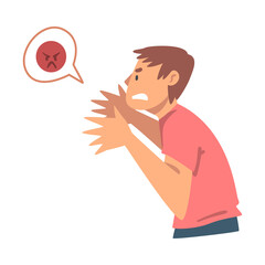 Sticker - Young Angry Man Character Expressing Discontent in Social Media with Furious Face Vector Illustration