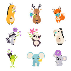 Wall Mural - Cute Animal Holding Flower on Stalk with Paws Vector Set