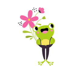 Wall Mural - Cute Green Flog Holding Flowers on Stalk Hiding It Behind Its Back Vector Illustration