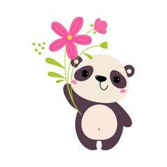 Wall Mural - Cute Panda Bear Holding Flower on Green Stalk with Paws Vector Illustration