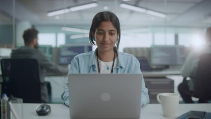 Aufkleber - Diverse Office: Portrait of Smiling Indian IT Programmer Working on Desktop Computer. Female Specialist Create Innovative Software. Professional Engineer Develop Inspirational App. Front View