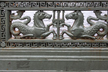 Metal Bridge With A Forge With Forged Patterns Of Horses And Tridents In The Background Isaak's Cathedral