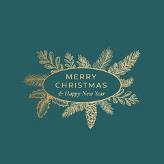Wall Mural - Merry Christmas Abstract Botanical Card with Oval Frame Banner and Modern Typography. Premium Green Background and Golden Greeting Sketch Layout