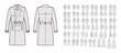 © Vectoressa - Set of coats, jackets, outerwear technical fashion illustration with oversized, thick, hood collar, long sleeves, pockets. Flat coat template front, back grey color. Women men unisex top CAD mockup
