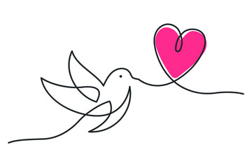 Wall Mural - Continuous line drawing of bird carrying a red heart. Bird flying with heart. Vector illustration