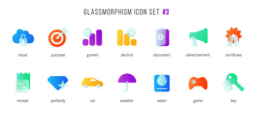 Aufkleber - A set of vector icons of the modern trend in the style of glass morphism with gradient, blur and transparency. The collection includes 14 icons of different colors in a single style. Part 3