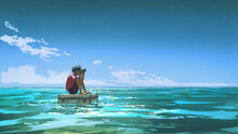 A Boy With Binoculars Sits On A Suitcase Floating On The Sea, Digital Art Style, Illustration Painting