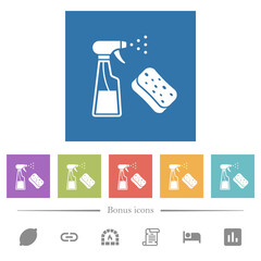 Poster - Spray bottle and sponge flat white icons in square backgrounds