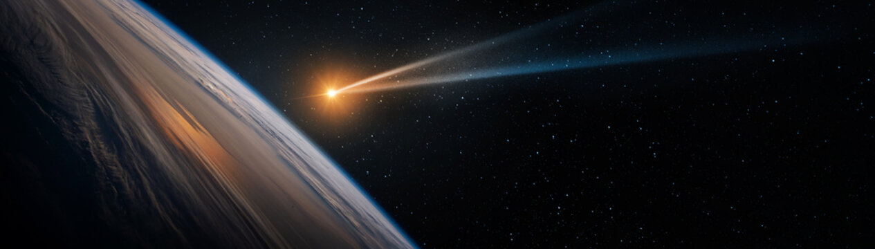 Wall Mural - Comet, asteroid, meteorite flying to Earth on starry night sky. Glowing asteroid and tail of a falling comet threatening the safety of Earth Day. Elements of this image furnished by NASA.