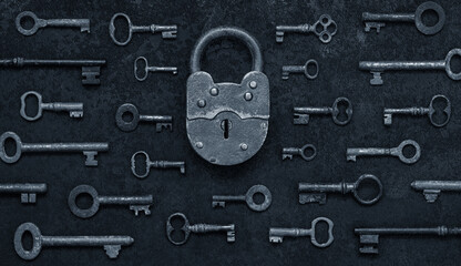 Fototapete -  Antique door locks and keys on an old background. Old padlock and key. set as a symbol of security, closeness, history, protection, safety etc. Conceptual background. Blue toning.