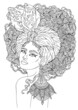 Vector portrait of a beautiful African American woman with magnificent curly afro hairstyle. Girl fashion model with large ornate earring and draped patterned headscarf with bow knot. Coloring page 