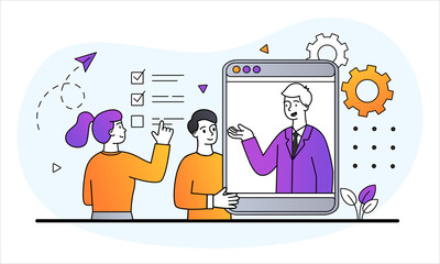 Poster - customer support concept. man and woman ask questions hotline operator. help for users of site or ap
