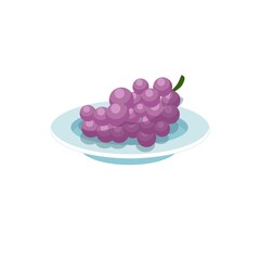 Vector cartoon flat branch of grapes on plate isolated on empty background-balanced diet,healthy eating and food cooking concept,web site banner ad design