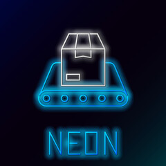 Poster - Glowing neon line Conveyor belt with cardboard box icon isolated on black background. Colorful outline concept. Vector