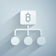Poster - Paper cut Blockchain technology Bitcoin icon isolated on grey background. Abstract geometric block chain network technology business. Paper art style. Vector