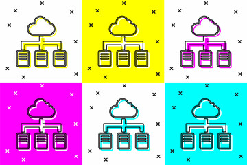 Poster - Set Online working icon isolated on color background. Freelancer man working on laptop at his house. Remote work. Distant job concept. Vector