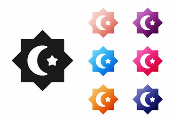 Poster - Black Islamic octagonal star ornament icon isolated on white background. Set icons colorful. Vector