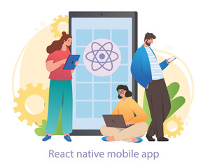 Poster - react native mobile app concept. man and woman with tablet, phone and laptop use programs. user frie